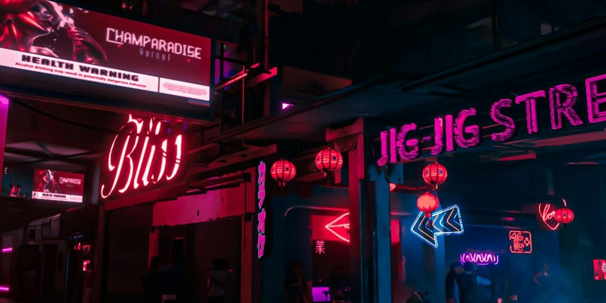 Neon futuristic city supporting hero artwork