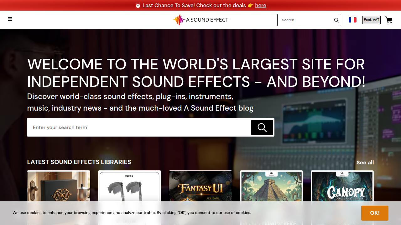A screenshot of the A Sound Effect homepage, a resource for sound design professionals, referencing an article on 'Sinners' soundscape.