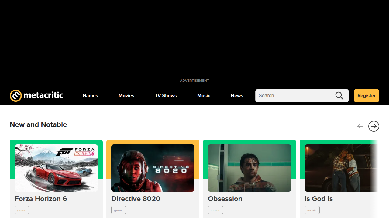 A screenshot of the Metacritic homepage, a platform that aggregates critic reviews for films, games, and music.