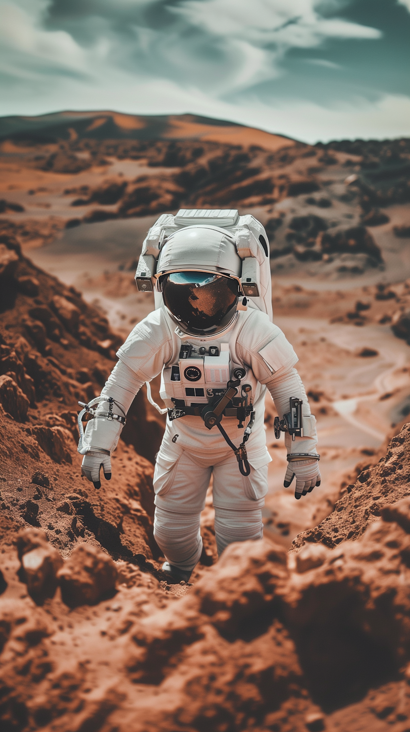 An astronaut utilizing scientific principles to overcome survival challenges on the Martian surface, characteristic of hard sci-fi.