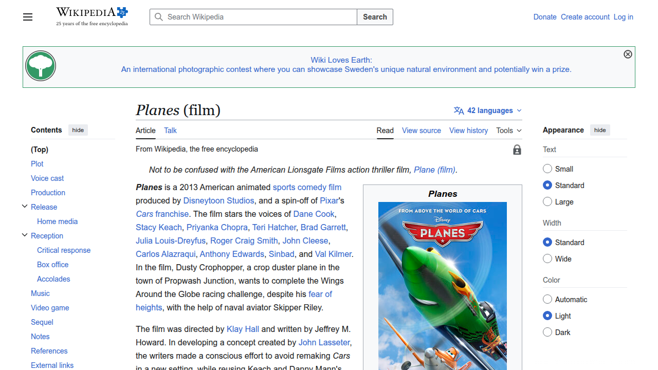A screenshot of the Wikipedia page for 'Planes (film)', showing detailed production history and casting choices.