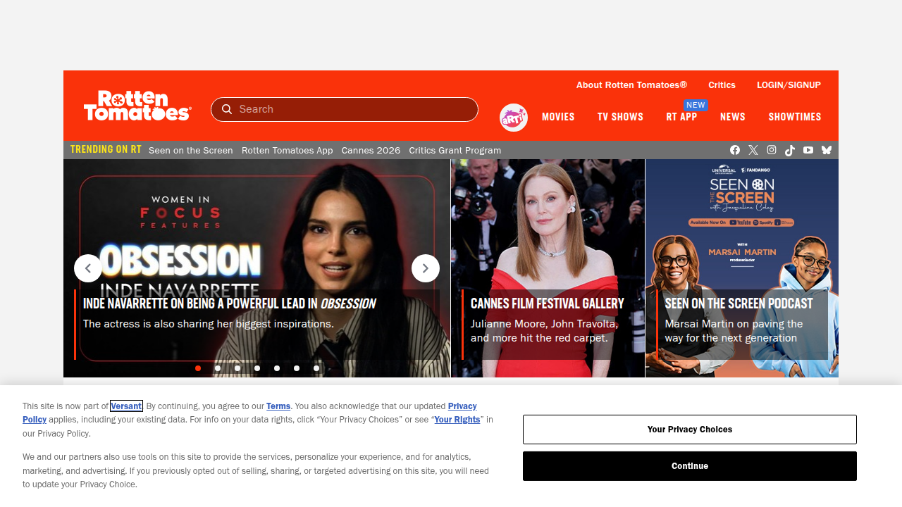 A screenshot of the Rotten Tomatoes homepage, a popular platform for critic and audience film reviews.