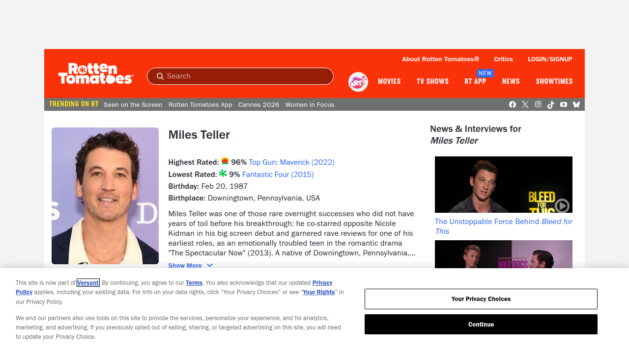 The official Rotten Tomatoes page showcasing Miles Teller's extensive and varied filmography.