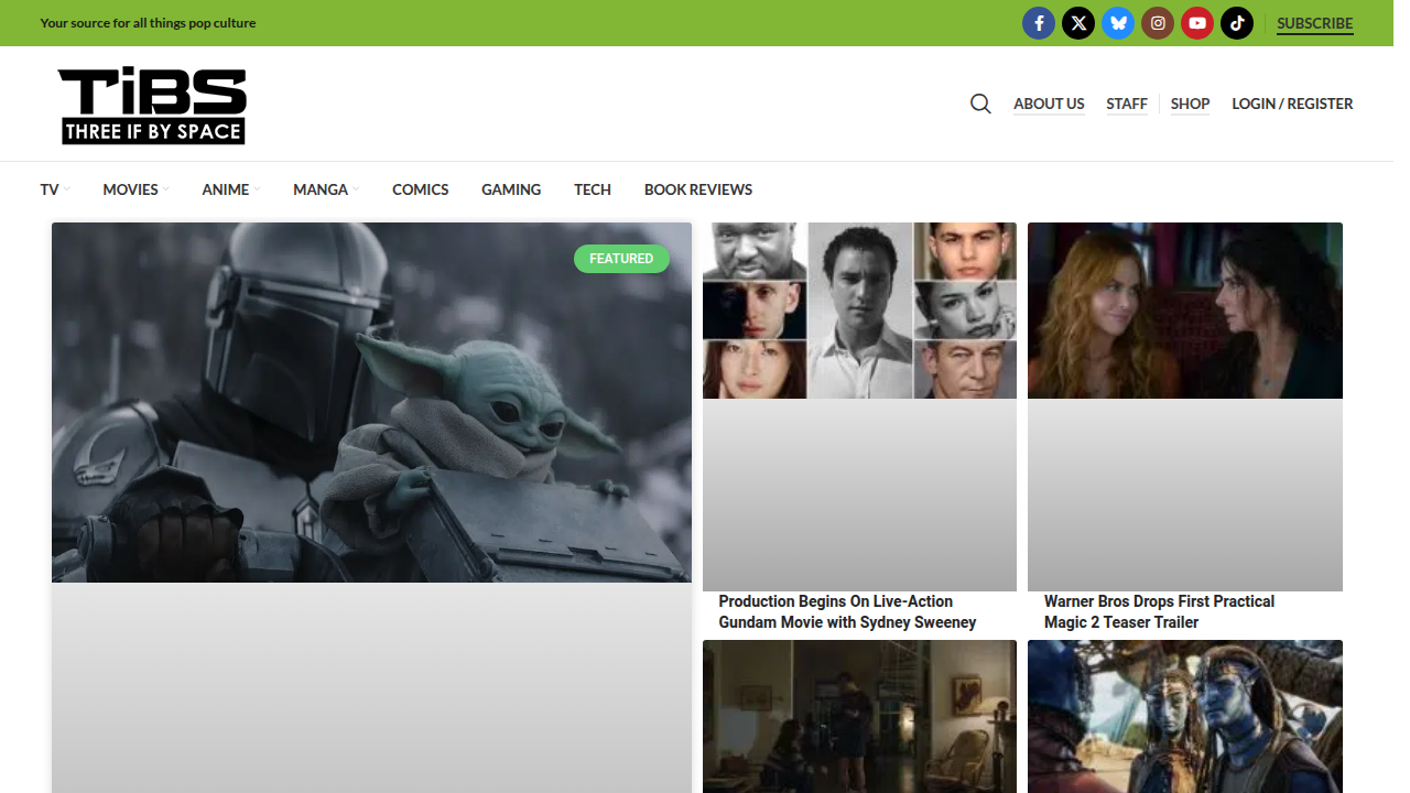 The homepage for "Three If By Space," an entertainment news and review website.