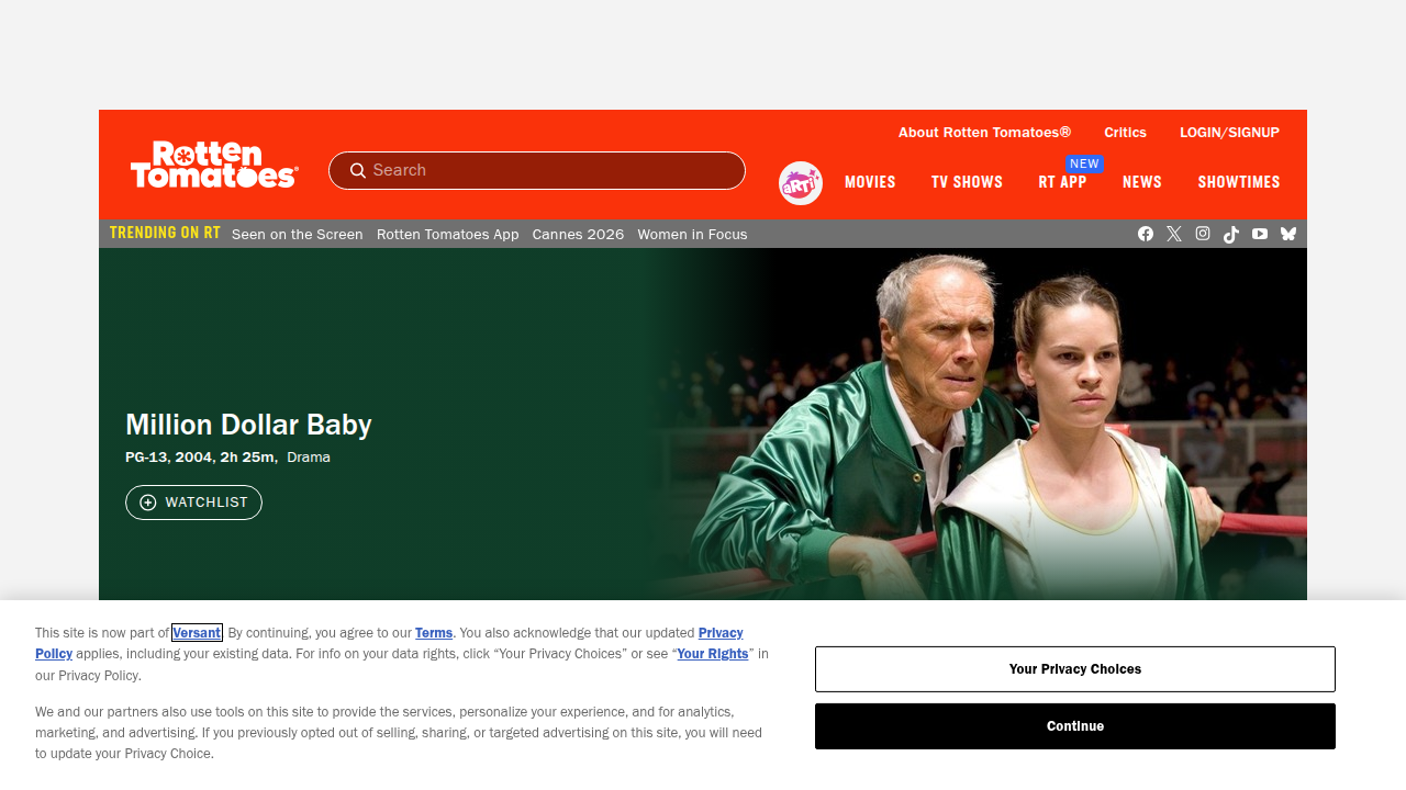 See audience and critic scores for Million Dollar Baby on Rotten Tomatoes, highlighting strong chemistry.