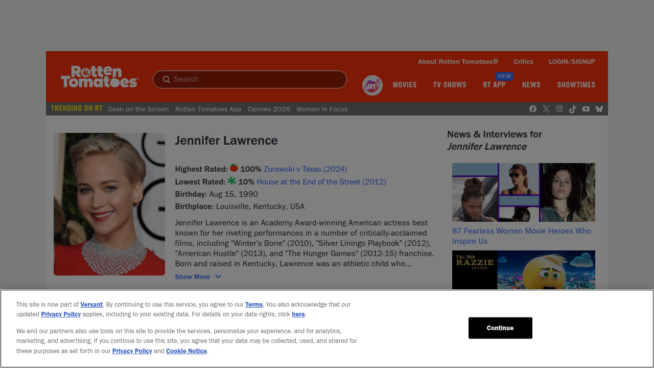 Jennifer Lawrence's extensive filmography on Rotten Tomatoes, showcasing her diverse range of roles.