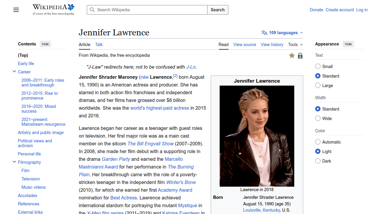 The Wikipedia page for Jennifer Lawrence, detailing her career milestones and global impact.