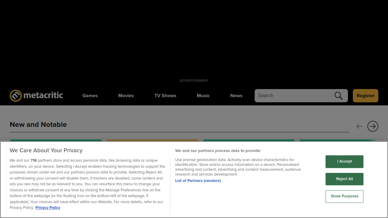 The Metacritic homepage, a platform for aggregated movie, TV, and game reviews.