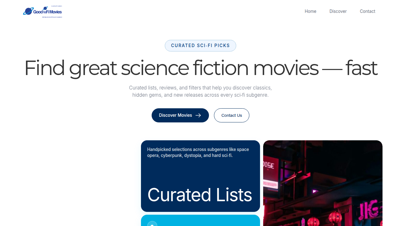 The homepage of GoodSciFiMovies.com, a resource for curated sci-fi film selections.