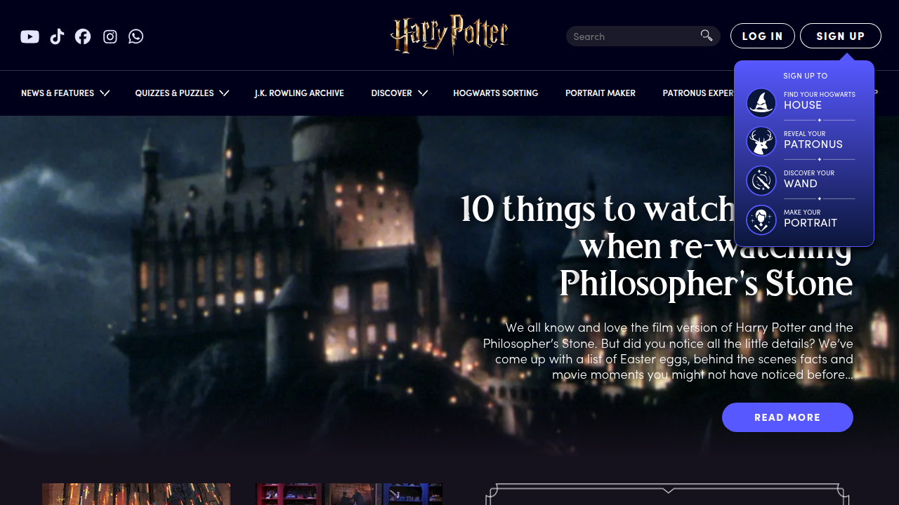 The official Harry Potter website, offering news and information about the franchise, including streaming options.