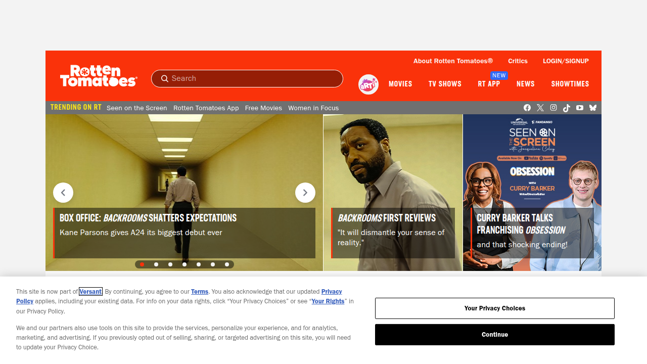 Screenshot of the Rotten Tomatoes homepage, a leading site for movie reviews and audience scores.