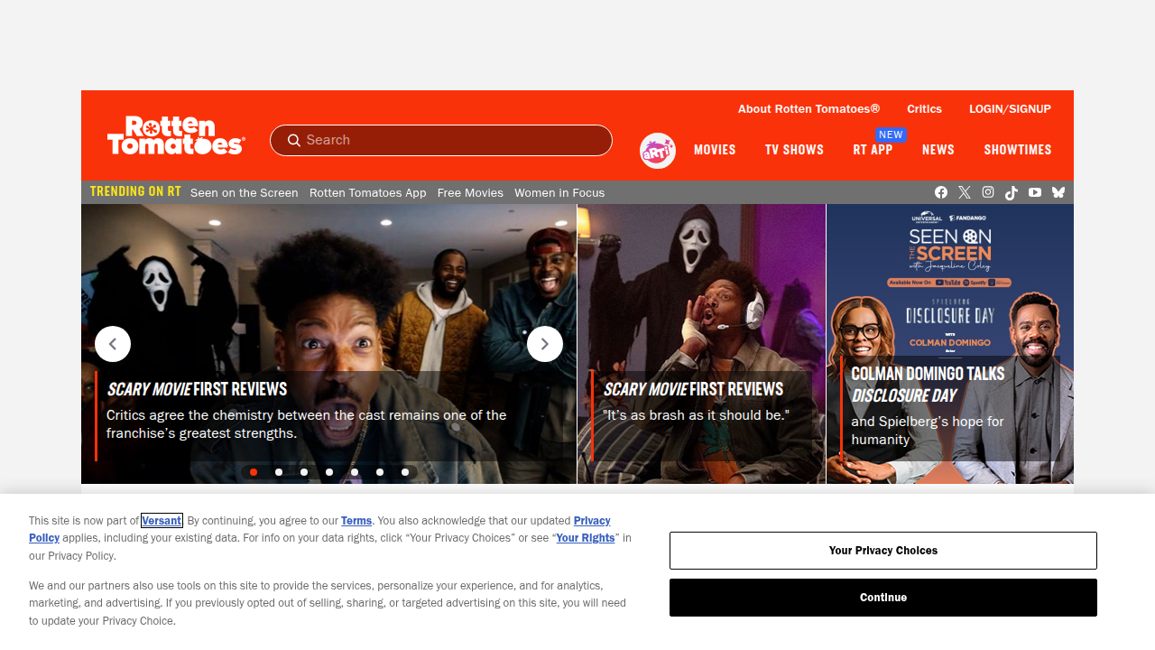A screenshot of the Rotten Tomatoes homepage, a leading site for film reviews and critic scores, frequently referenced for film evaluations.