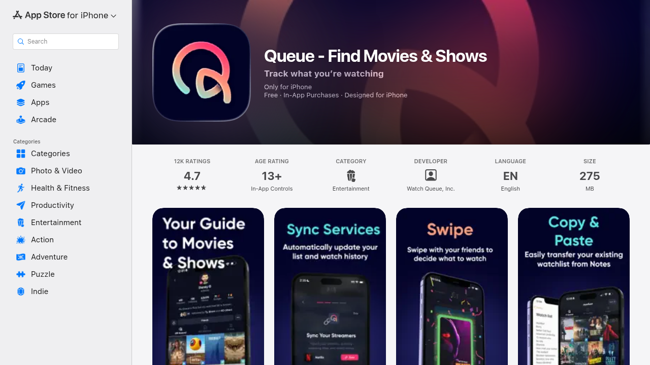 The App Store listing for Queue, a movie and show tracking application, demonstrating its features for finding availability.