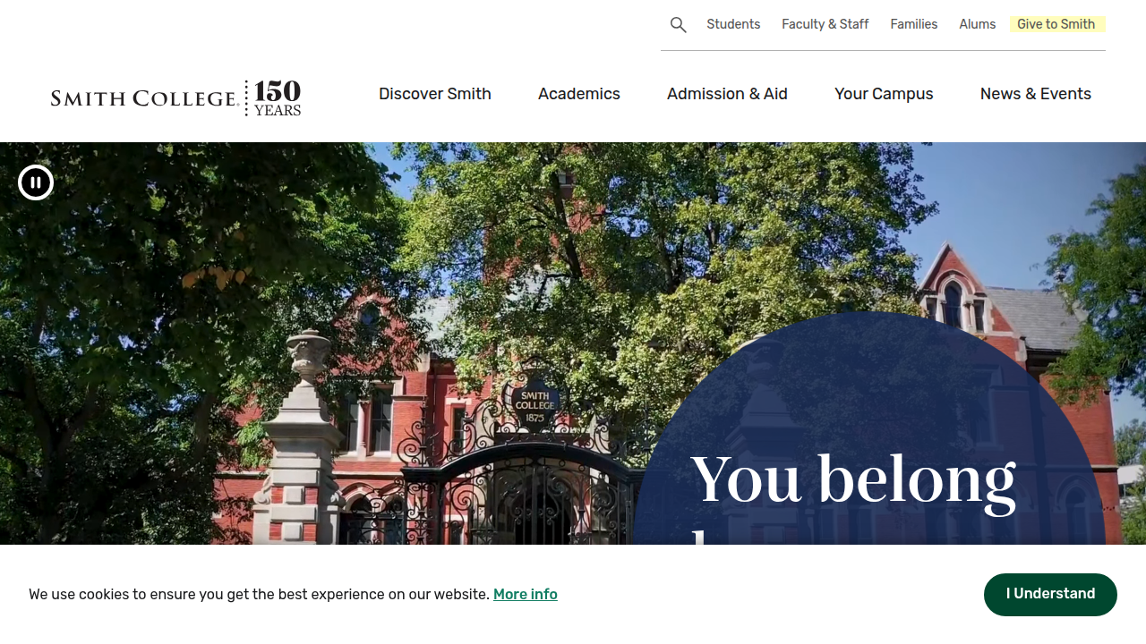 The homepage for Smith College, an academic institution that has published analyses on film figures.